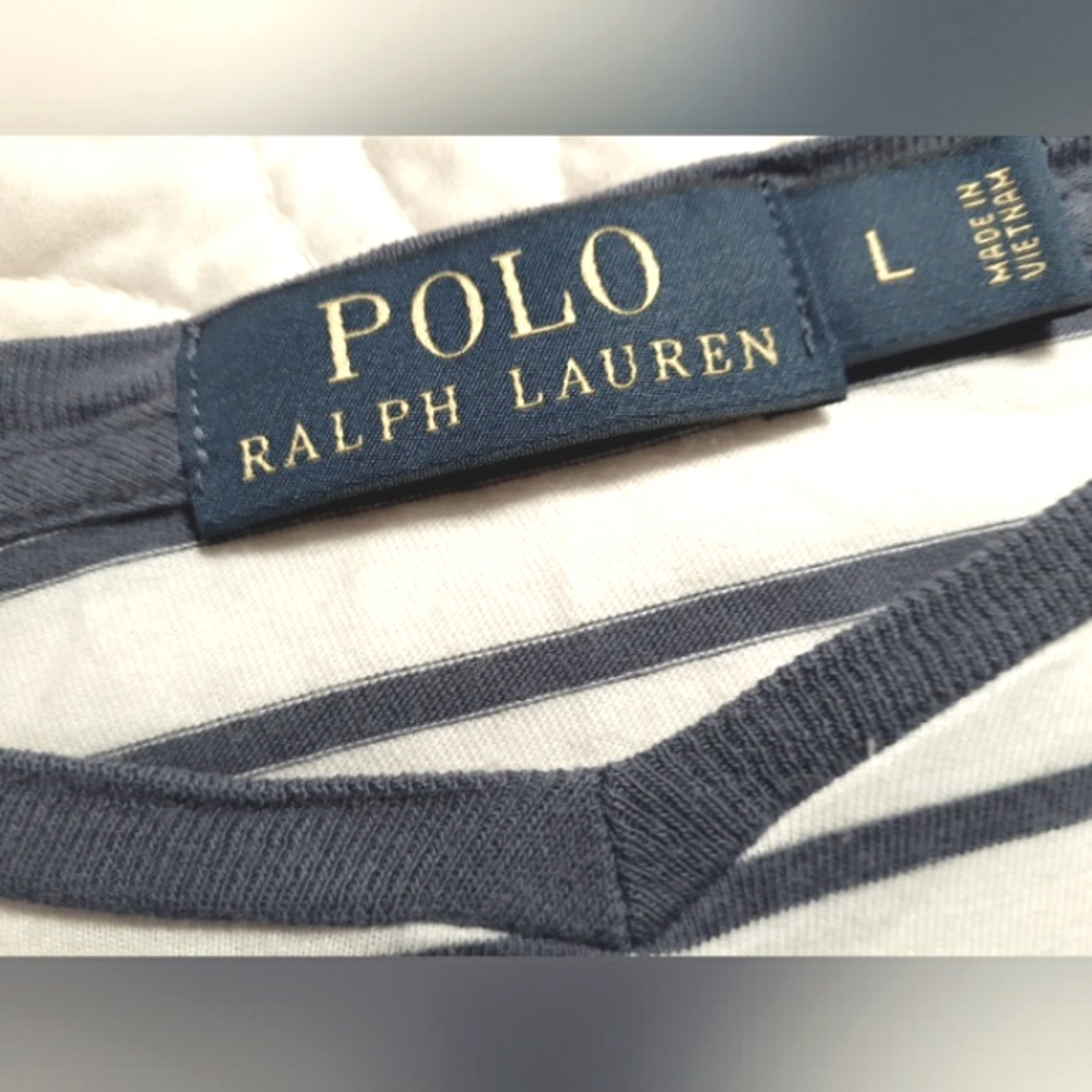 🏇Women's Polo Ralph Lauren t-shirt blue/ white striped, Red Pony, Sz L